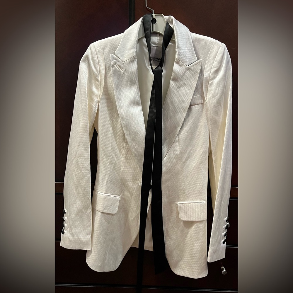 White satin shiny fitted jacket with black accents